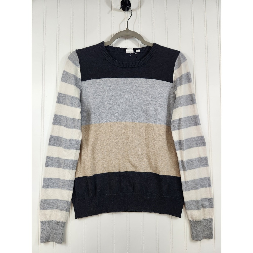 Gap Mens‎ Merino Wool Blend Colorblock Striped Crewneck Sweater Navy Grey Tan M